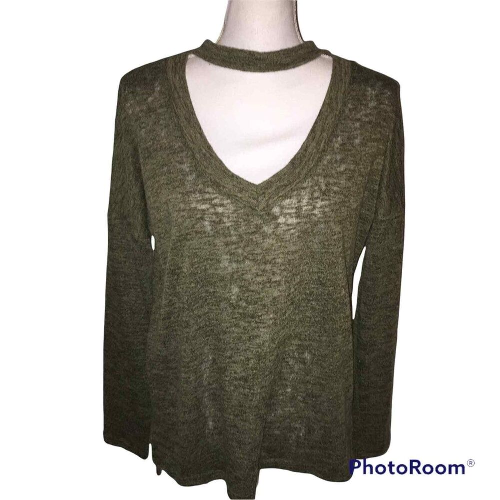 Lime & Chili Choker Style V Neck Lightweight Sweater Large Green Unique Stylish